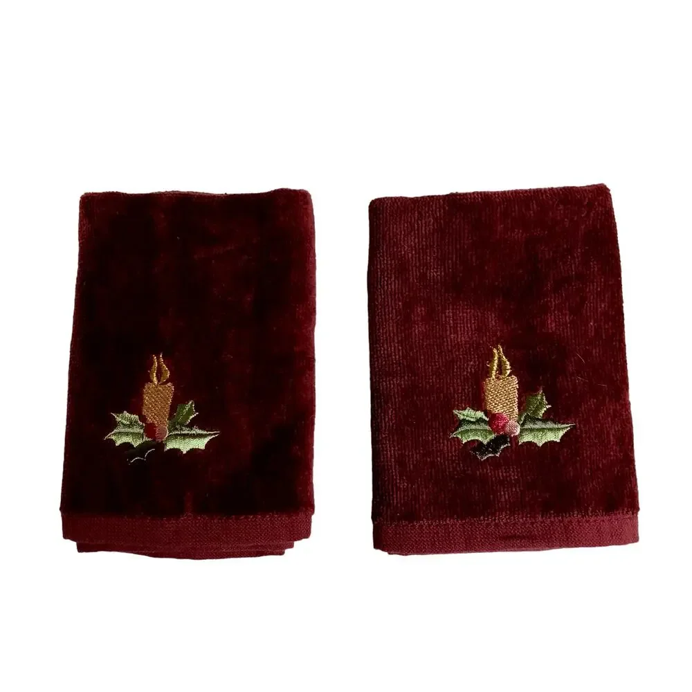 🛀🏻🍂2 Vintage Brown Holiday Washcloth Set Candle Holly Embroidered Christmas